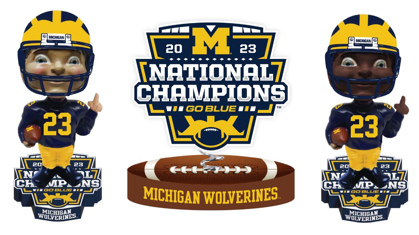 All 3 Michigan Wolverines 2023 Football National Champions Bobbleheads (1)