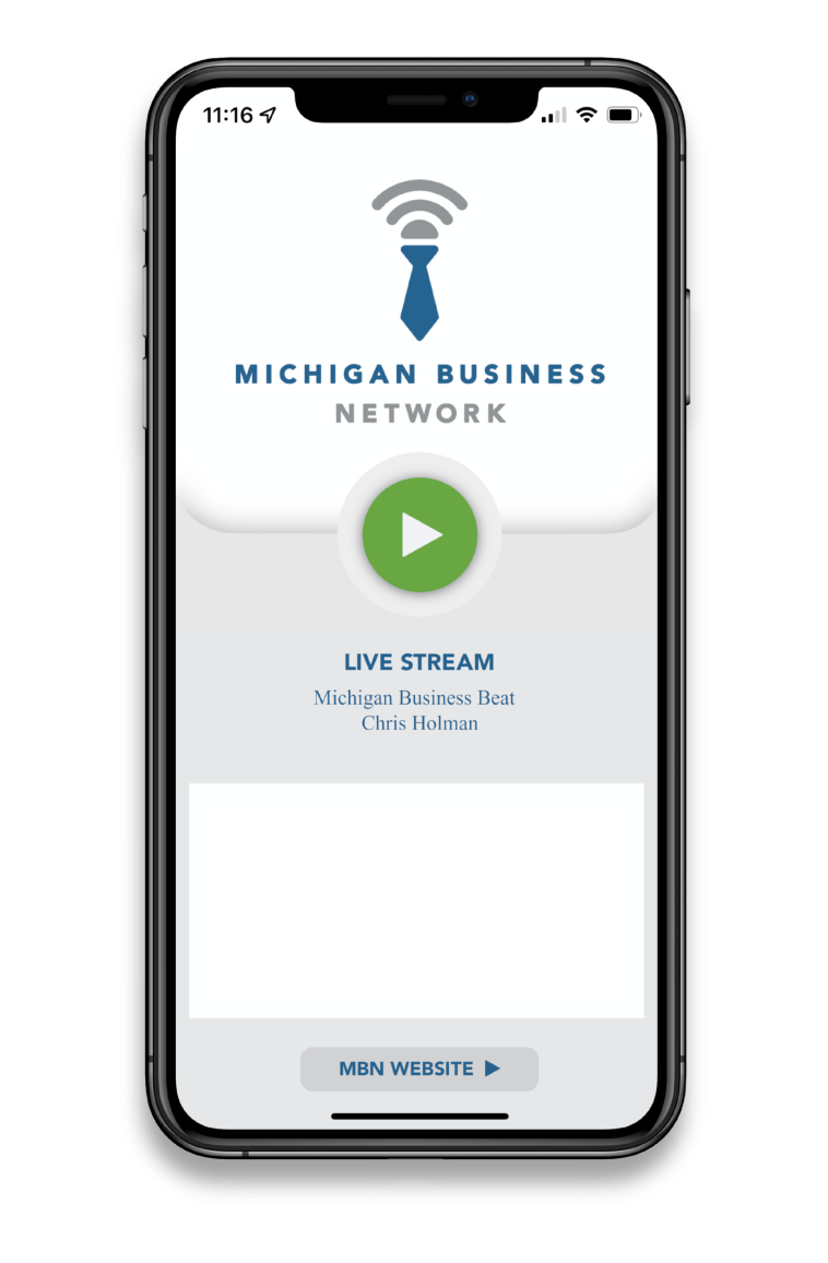 A phone screen showcases the Michigan Business Network app