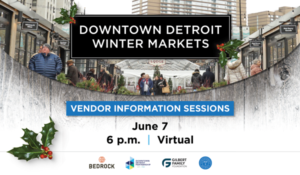Downtown Detroit Winter Market graphic with an image of the shops and people walking in the winter