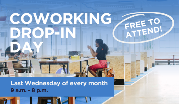 Flyer informing audience about TechTown's Coworking dropin day being the last Wednesday of every month from 9 a.m. to 8 p.m.