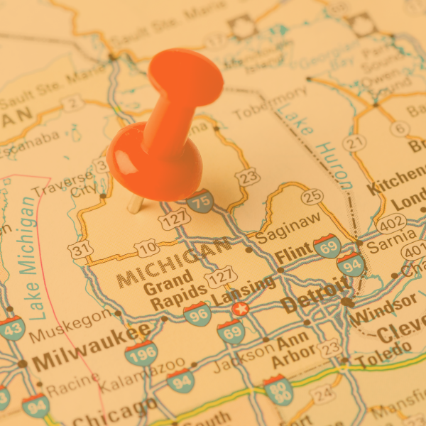 A pin marks a location on a map of Michigan.